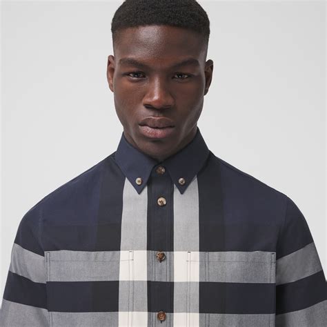 burberry navy short sleeve mens check shirt|burberry short sleeve button up.